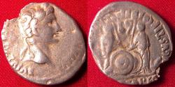 Ancient Coins - AUGUSTUS AR silver denarius. Caius & Lucius Caesars standing, shields & spears between, lituus and simpulum.