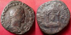Ancient Coins - VOLUSIAN AE sestertius. Juno seated in distyle temple, IVNONI MARTIALI