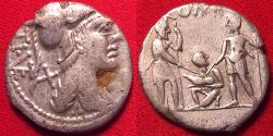 Ancient Coins - TI VETURIUS AR silver denarius. 137 BC. Oath taking scene, youth holding pig, soldiers beside.