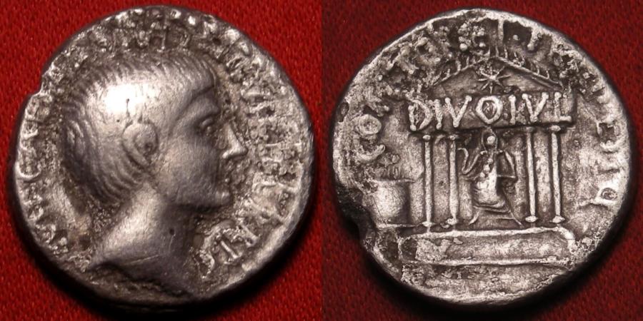 OCTAVIAN AR silver denarius. Temple of Divus Julius Caesar, statue ...