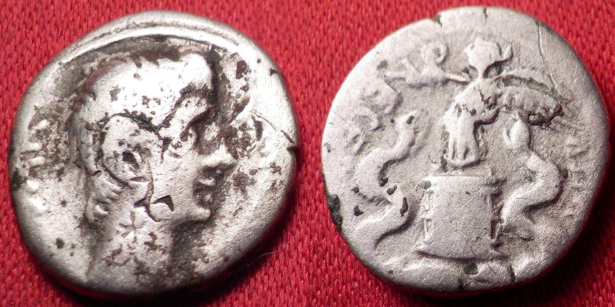 OCTAVIAN AR silver quinarius. ASIA RECEPTA, Victory standing on cista ...