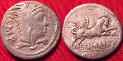 Ancient Coins - L THORIUS BALBUS AR silver denarius. 105 BC. Juno Sospita wearing goat skin headdress, Bull charging right.