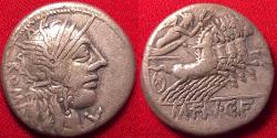 Ancient Coins - M FANNIUS AR silver denarius. 123 BC. Victory in quadriga, helmeted head of Roma.