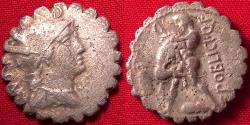 Ancient Coins - C POBLICIUS AR silver serratus denarius. 80 BC. Helmeted Roma, Hercules wrestling the Nemean lion.