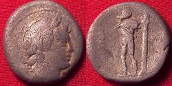 Ancient Coins - L MARCIUS CENSORINUS AR silver denarius. 82 BC. Satyr Marsyas, carrying wineskin