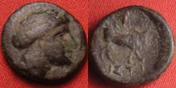 Ancient Coins - EUBOEA, Histiaea AE 12mm. Head of a Maenad, Bull standing right.