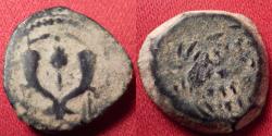 Ancient Coins - JOHN HYRKANOS I (Yehohanan) AE prutah. Hasmoneans, 134-104 BC. Double cornucopia