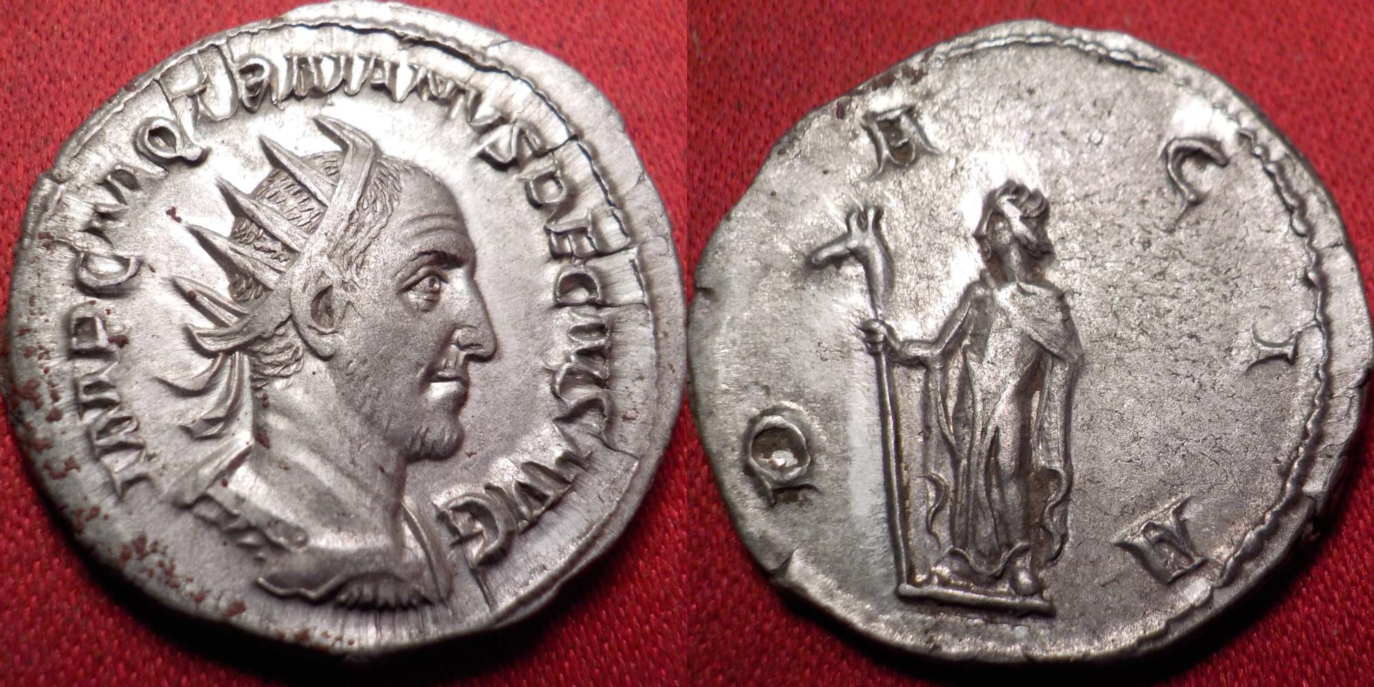 TRAJAN DECIUS AR silver antoninianus. DACIA standing, holding draco ...