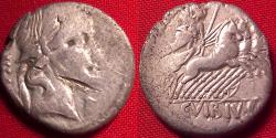 Ancient Coins - C VIBIUS PANSA AR silver denarius. Minerva in quadriga, bust of Apollo