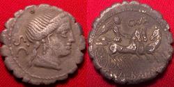 Ancient Coins - C NAEVIUS BALBUS AR silver serratus denarius. Victory in triga.
