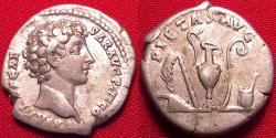 Ancient Coins - MARCUS AURELIUS CAESAR AR silver denarius. PIETAS AVG, five sacrificial implements.