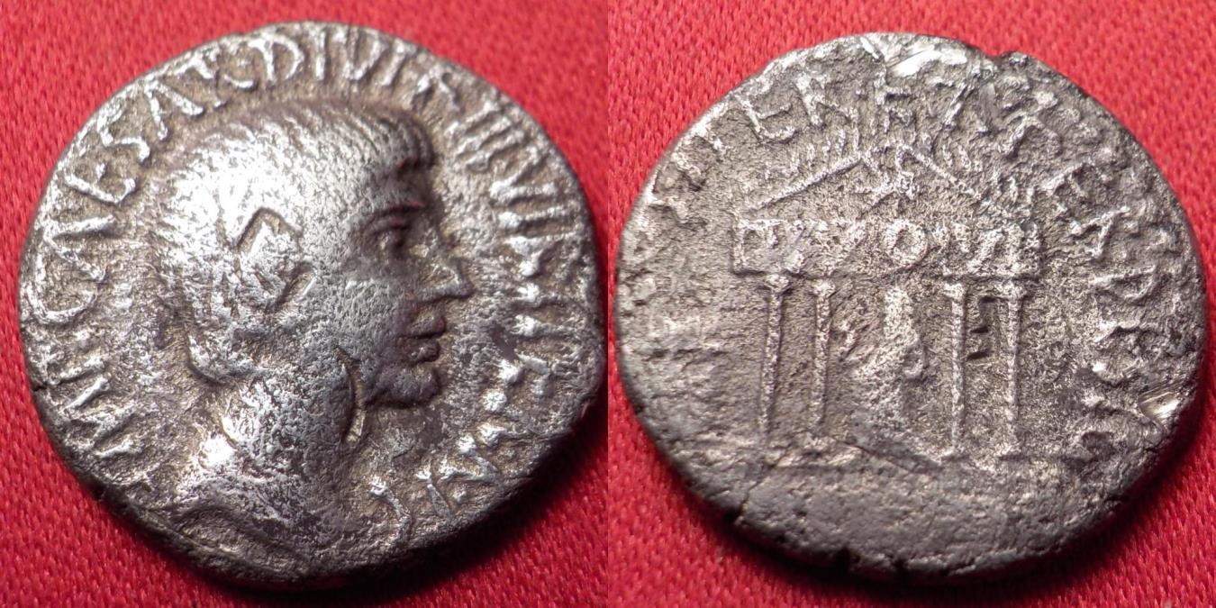 OCTAVIAN AR silver denarius. Temple of Divus Julius Caesar, statue ...