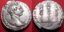 Ancient Coins - TRAJAN AR silver tridrachm. Caesarea, Cappadocia. Three standards, topped with eagle, hand, & wreath