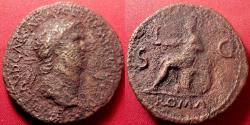 Ancient Coins - NERO AE orichalcum sestertius. Lugdunum mint, 65 AD. Roma seated on cuirass.