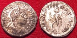 Ancient Coins - ELAGABALUS AR silver denarius. 221 AD. Sol advancing, hand raised in salute, holding whip.