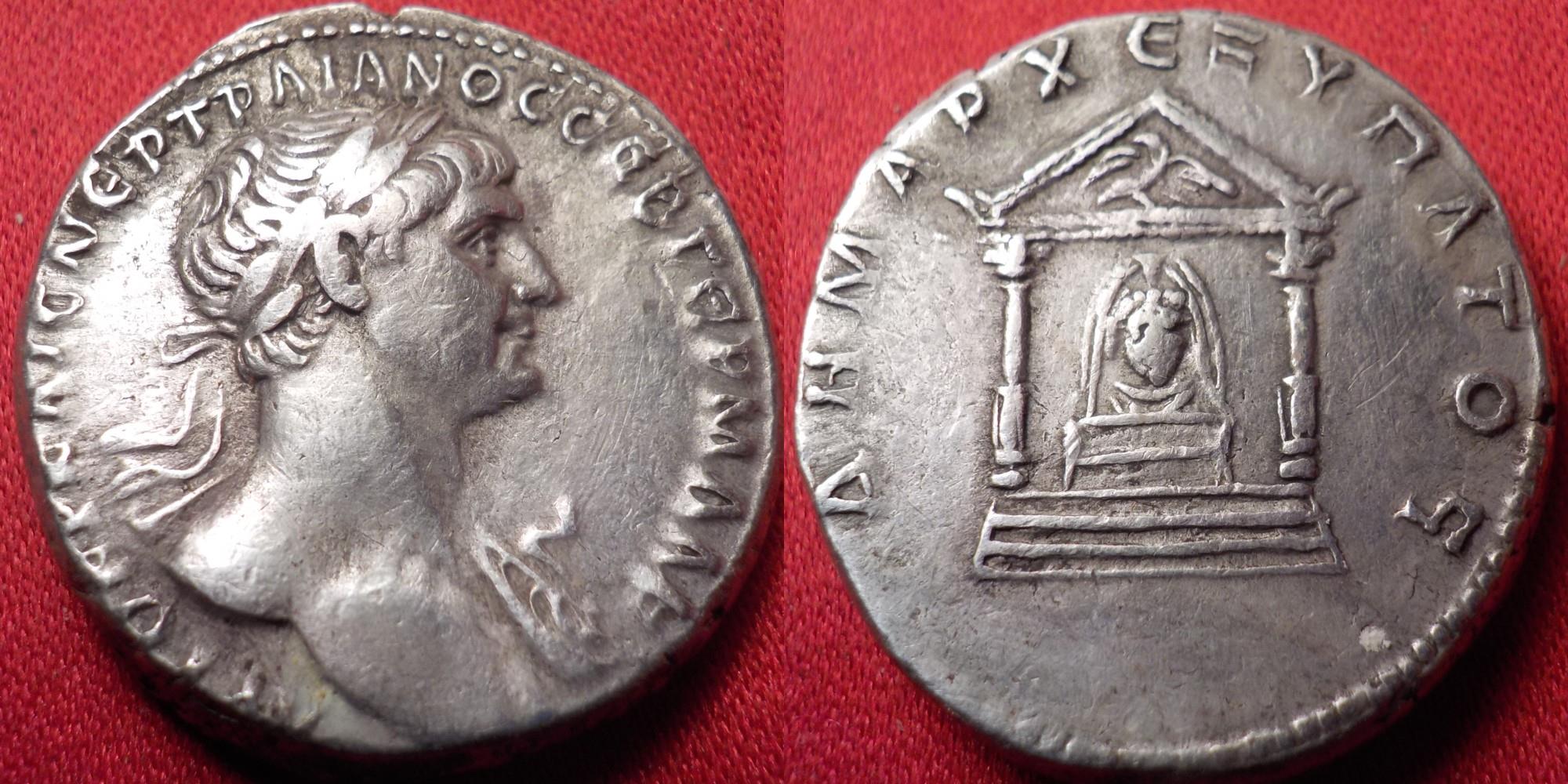 TRAJAN AR silver tridrachm. Caesarea, Cappadocia. Distyle temple ...