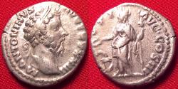 Ancient Coins - MARCUS AURELIUS AR silver denarius. Salus standing, feeding serpent.
