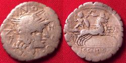 Ancient Coins - LICINIUS CRASSUS, POMPONIUS MOLO & DOMITIUS AHENOBARBUS silver serratus denarius. Narbo, 118 BC.