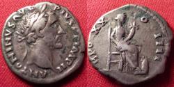 Ancient Coins - ANTONINUS PIUS AR silver denarius. Annona seated right, holding cornucopia, modius at her feet.