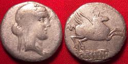Ancient Coins - QUINTUS TITIUS AR silver denarius. Bust of Young Bacchus, Pegasus springing from tablet.