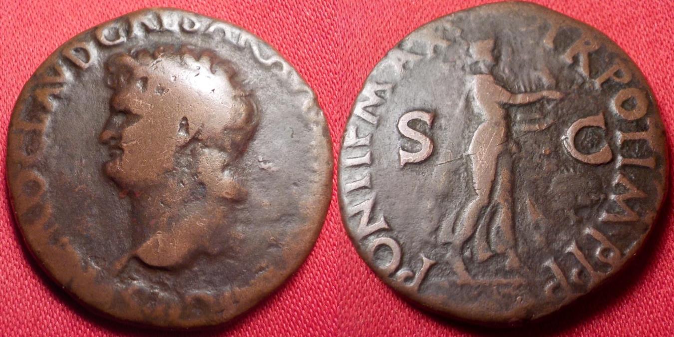 NERO AE as. Lugdunum mint, 65 AD. Nero as Apollo, playing lyre.