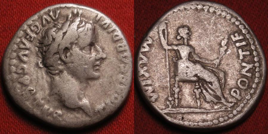 TIBERIUS AR silver denarius. PONTIF MAXIM, Livia, as Pax, seated right
