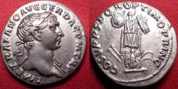Ancient Coins - TRAJAN AR silver denarius. Struck circa 107 AD. Trophy of arms. Lovely example