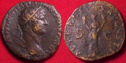 Ancient Coins - HADRIAN AE dupondius. AETERNITAS standing, holding heads of Luna and Sol