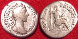 Ancient Coins - COMMODUS AR silver denarius. Roma seated, holding spear & parazonium. Rome, 181 AD.
