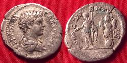 Ancient Coins - GETA CAESAR AR silver denarius. PRINC IVVENT, Geta standing, trophy of arms behind.