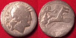 Ancient Coins - L RUTILIUS FLACCUS AR silver denarius. Helmeted bust of Roma, Victory in biga.