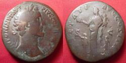 Ancient Coins - ANTONINUS PIUS AE sestertius. 159-160 AD. Pietas standing, holding globe and child, two children at her feet.