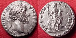 Ancient Coins - ANTONINUS PIUS AR silver denarius. Rome, 144-146 AD. Annona standing, foot on prow.