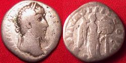 Ancient Coins - LUCIUS VERUS AR silver denarius. Victory inscribing shield with VIC PAR, placing it on palm tree.