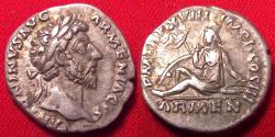 Ancient Coins - MARCUS AURELIUS AR silver denarius. 163-164 AD. Captive Armenia seated amidst arms. Scarce and attractive.