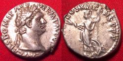 Ancient Coins - DOMITIAN AR silver denarius. Rome, 94-95 AD. Minerva standing left, holding thunderbolt & scepter, shield at her feet