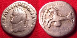 Ancient Coins - TITUS AR silver denarius. Capricorn flying left, globe below. Scarce variant with left facing bust