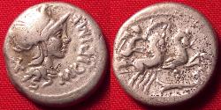 Ancient Coins - MARCUS CIPIUS AR silver denarius. Helmeted bust of Rome, Victory in biga, holding palm branch.