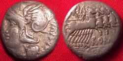 Ancient Coins - M BAEBIUS Q F TAMPILUS AR silver denarius. Helmeted Roma, Apollo in quadriga.