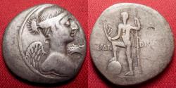 Ancient Coins - OCTAVIAN AR silver denarius. Victory series, 36-30 BC. Octavian as Neptune, foot on globe of the earth