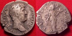 Ancient Coins - HADRIAN AR silver denarius. FIDES PVBLICA, Fides standing, holding basket of fruit & grain ears
