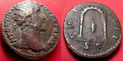 Ancient Coins - ANTONINUS PIUS AE orichalcum dupondius. Genius of the Senate standing on column in distyle shrine. Rare