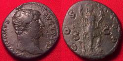 Ancient Coins - HADRIAN AE as. Roma standing right, foot on helmet, holding spear & cornucopia.