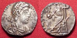 Ancient Coins - ARCADIUS AR silver siliqua. Virtus Romanorum, Roma enthroned. MEDIOLANUM mint.