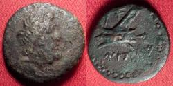 Ancient Coins - ARADOS, PHOENICIA, AE dichalkon. 185-139 BC. Head of Zeus / Ram and prow of galley.