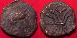 Ancient Coins - CLAUDIUS AE diobol. Contemporary imitation / emergency supplemental coinage. Time of Nero. Grain ears & caduceus. Rare.