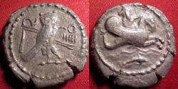 Ancient Coins - TYRE, PHOENICIA AR silver shekel. Azemiulkos, 345-344 BC. Owl / Melqart riding hippocamp