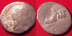 Ancient Coins - L JULIUS BURSIO AR silver denarius. 85 BC. Bust of Apollo with trident and arched bridge behind his head.