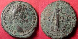 Ancient Coins - ANTONINUS PIUS AE as. Very heavy 15.0 grams. Annona standing, holding grain ears over modius, prow at her feet.