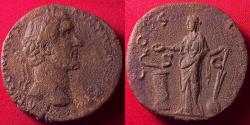 Ancient Coins - ANTONINUS PIUS AE sestertius. COS IIII, Salus standing, holding rudder, and feeding serpent arising from altar.